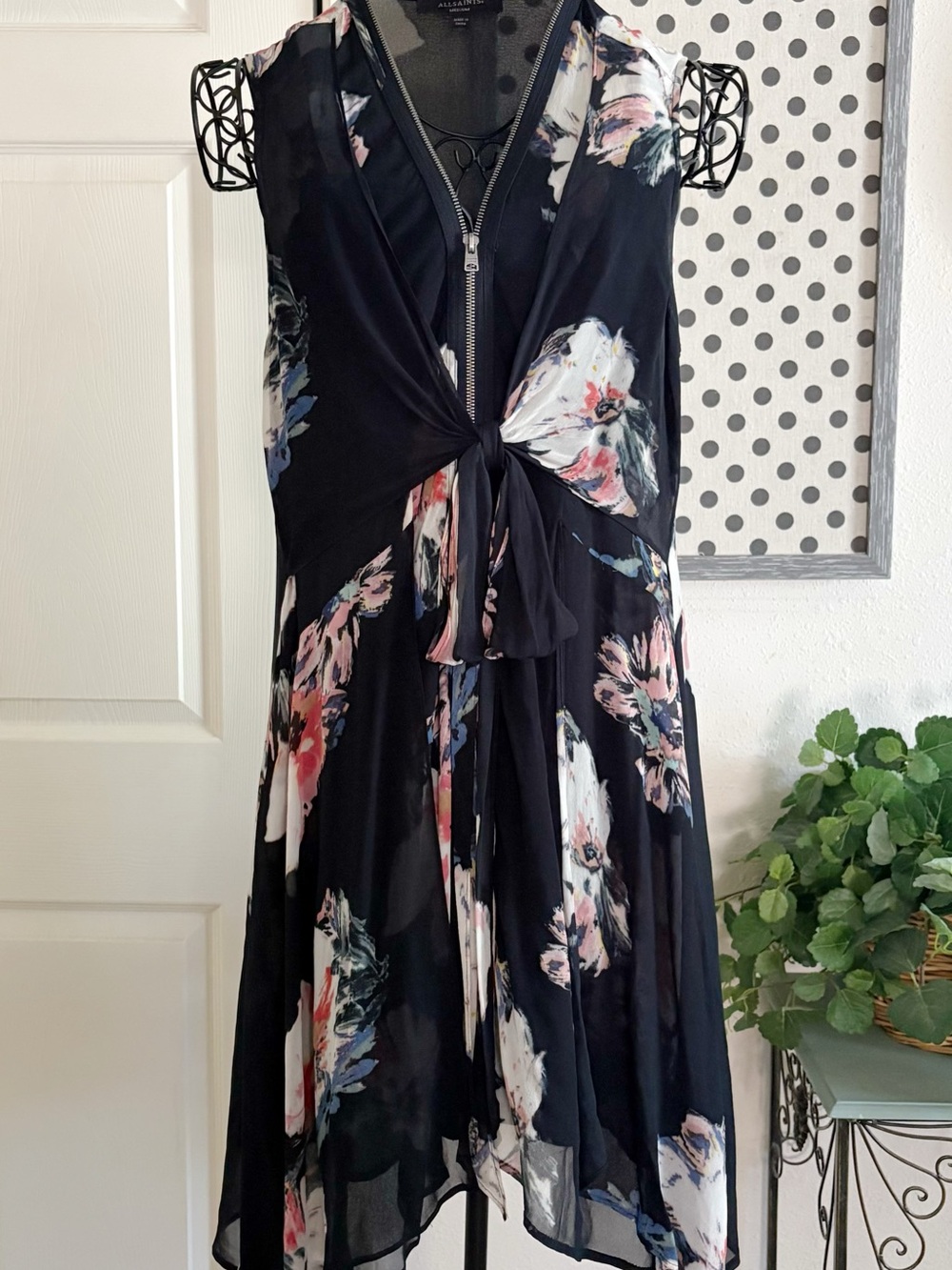 AllSaints Black Floral Midi Dress with Pastel Blooms